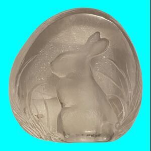 Rabbit Paperweight Etched Crystal Signed By Mats Jonasson Vintage